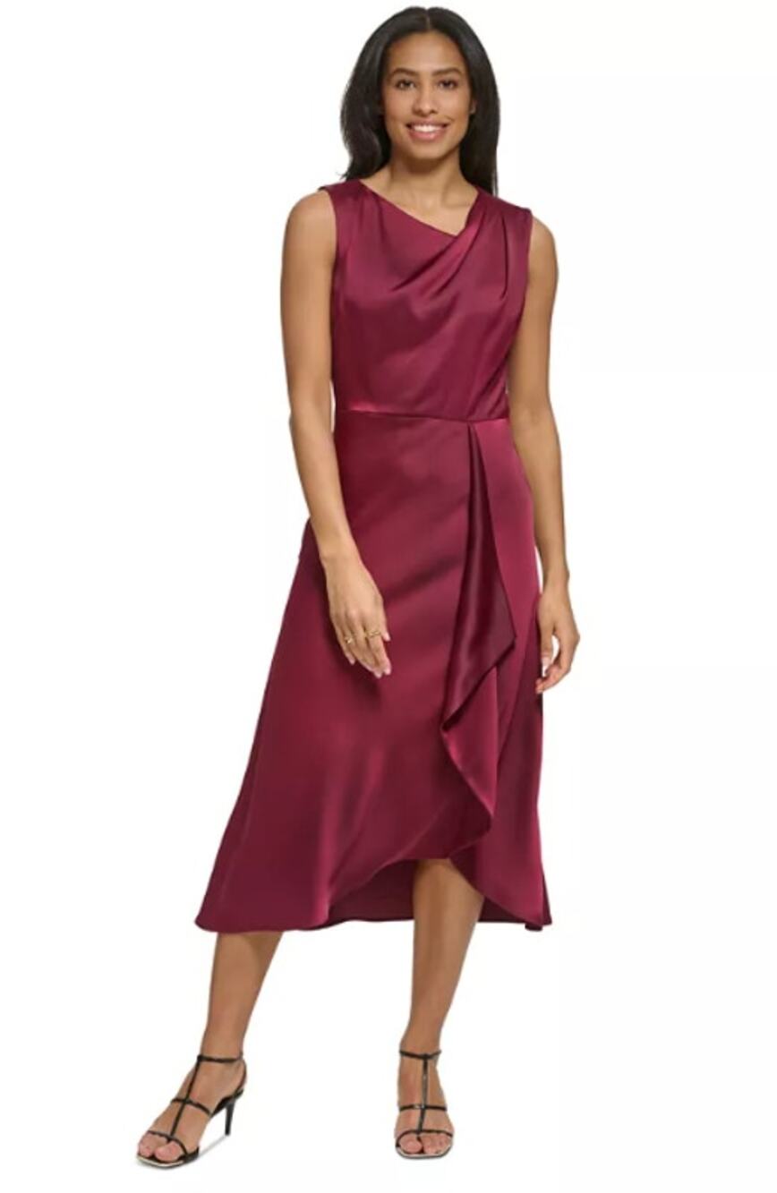 DKNY Women's Sleeveless Faux Wrap Midi Dress Size 6 Red Maroon Draped NWT